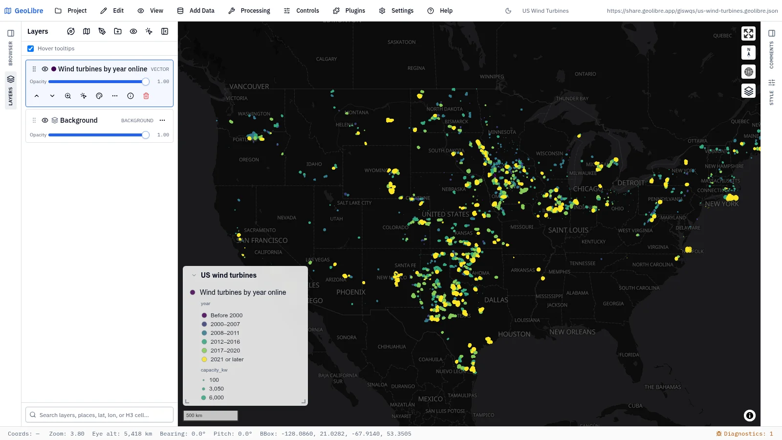 GeoLibre map: US wind turbines