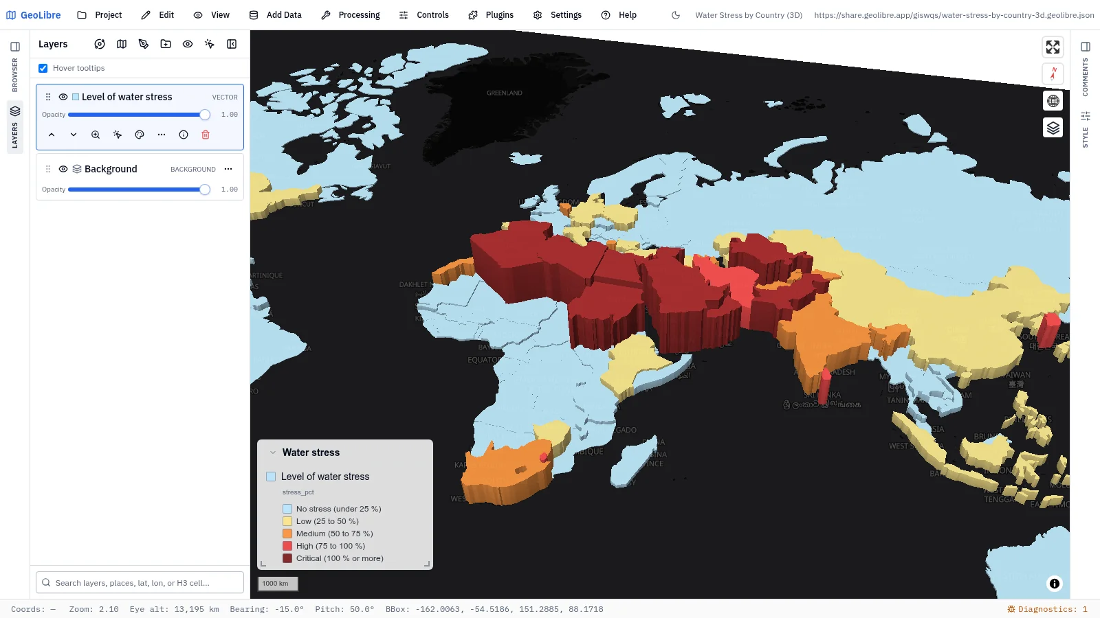 GeoLibre map: Water stress by country in 3D