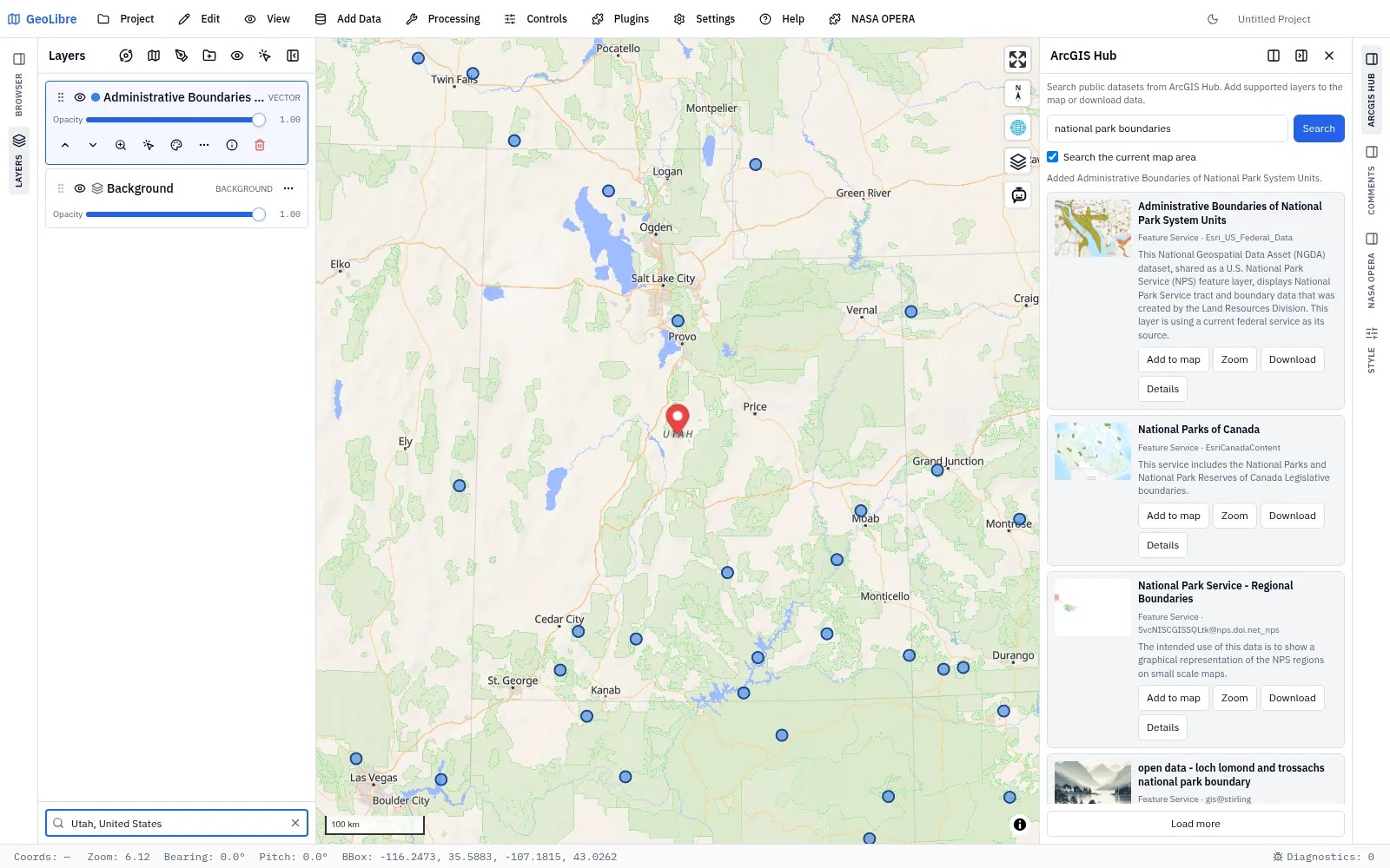 The ArcGIS Hub panel showing search results for national park boundaries, with the NPS feature service added to the map