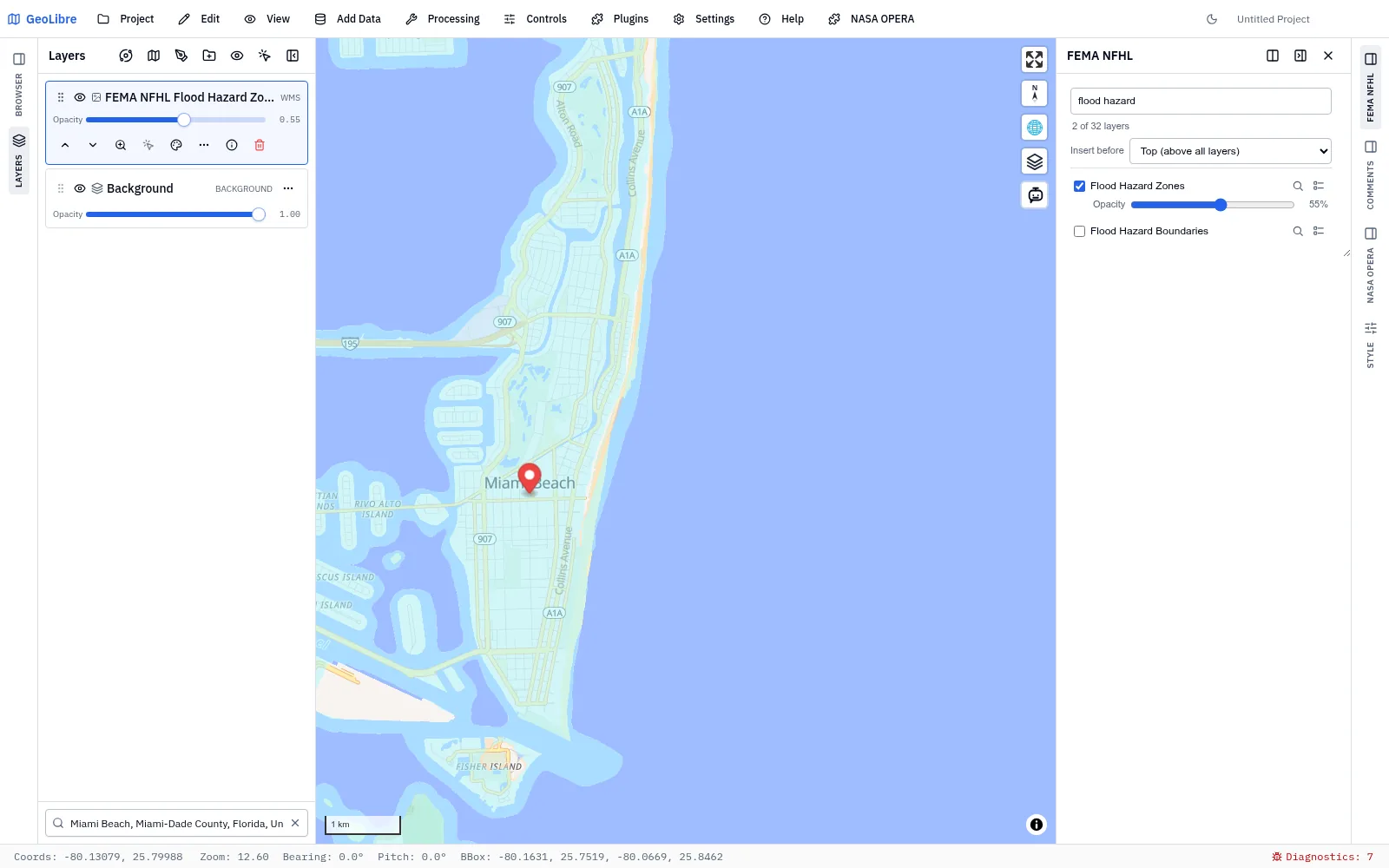 The FEMA NFHL panel with Flood Hazard Zones checked, drawn over Miami Beach at 55% opacity