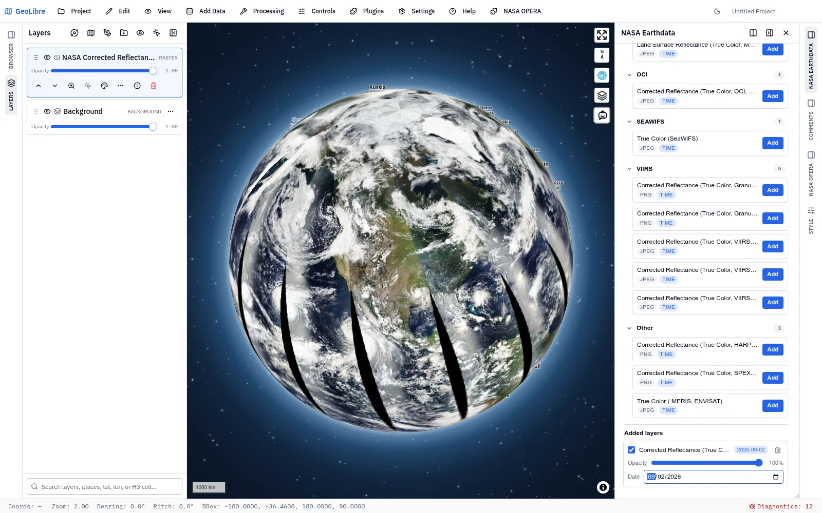 The NASA Earthdata panel with MODIS Aqua true-color imagery on the globe and a date picker under Added layers