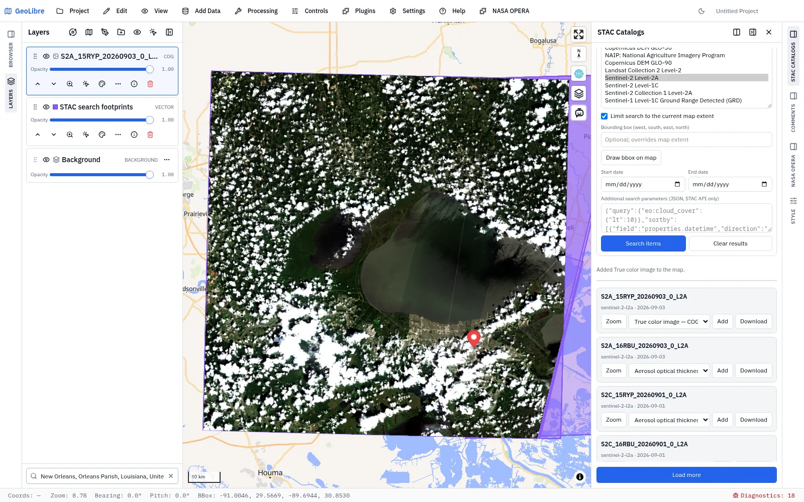The STAC Catalogs panel connected to Earth Search, with a Sentinel-2 true-color scene added over New Orleans