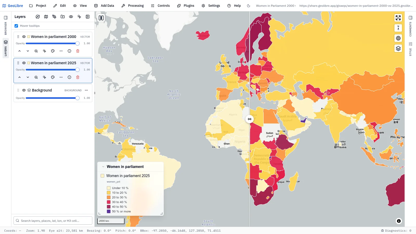 GeoLibre map: Women in parliament, 2000 vs 2025