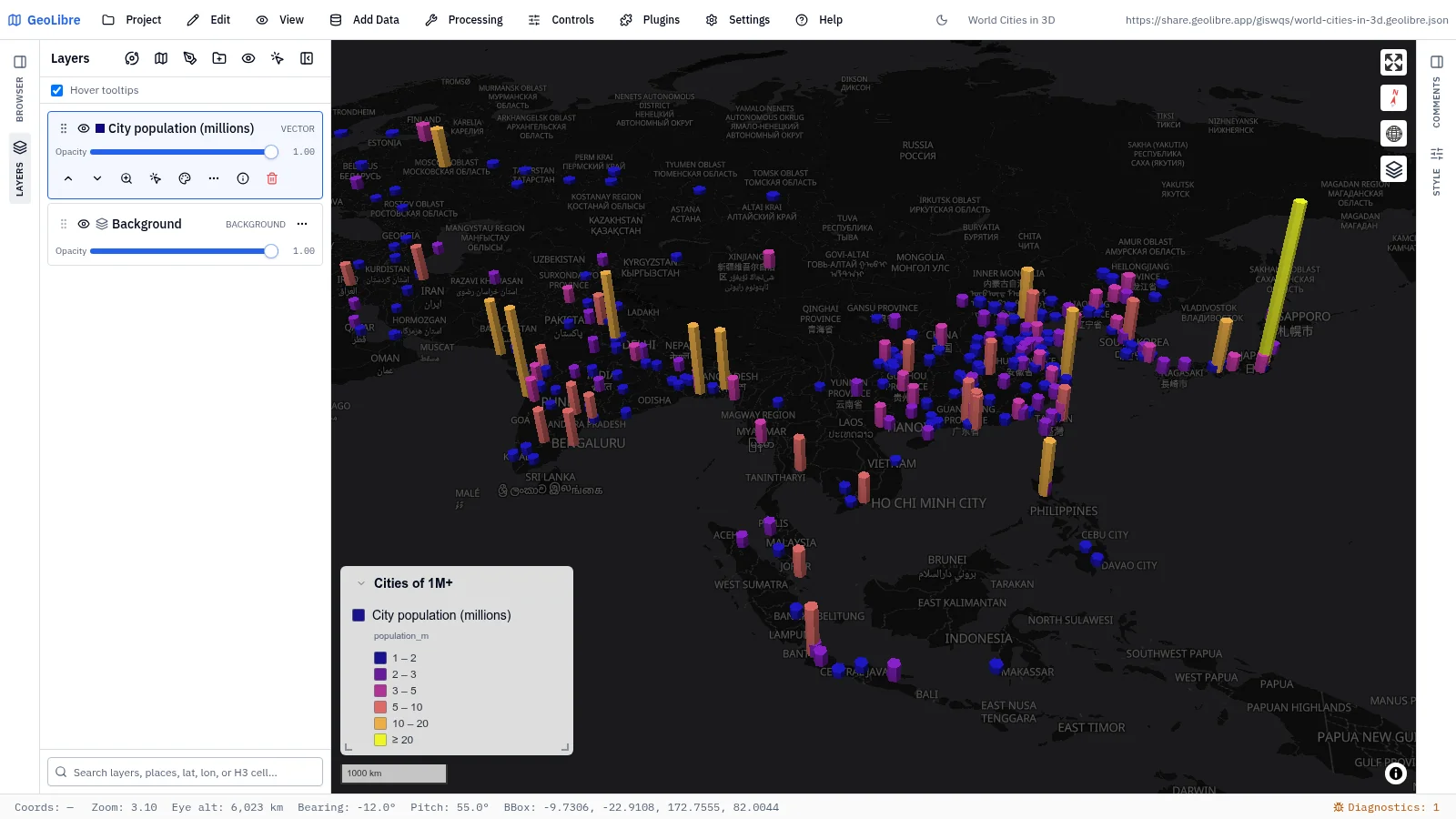 GeoLibre map: World cities in 3D