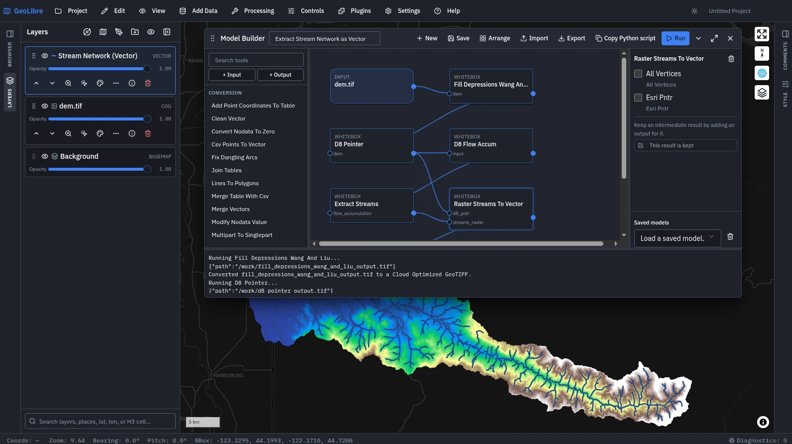 A Model Builder graph from DEM through depression filling, flow direction, accumulation and stream extraction to vector, with the result on the map