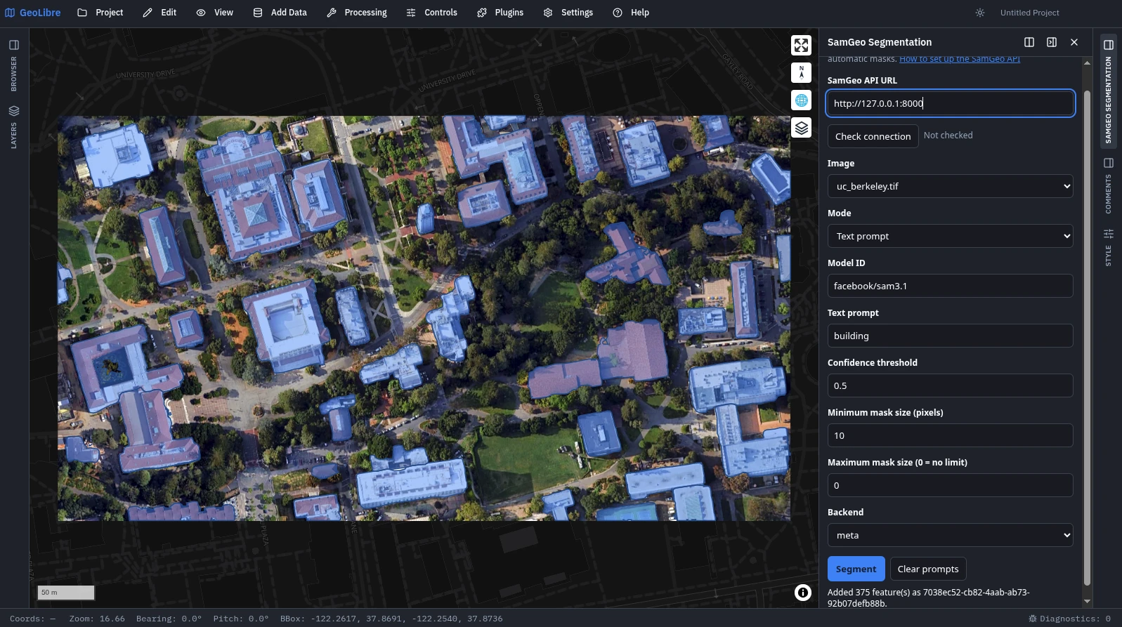 The SamGeo panel segmenting buildings from campus aerial imagery with a text prompt